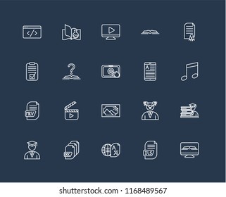 Set Of 20 black linear icons such as Ebook, Xls, Translator, Document, Student, Certificate, Ereader, Image, Mkv, Tutorial, Video player, editable stroke vector icon pack