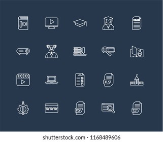 Set Of 20 black linear icons such as Txt, Search, Pdf, Browser, De, Exam, Search engine, Test, Video player, Professor, Mortarboard, editable stroke vector icon pack