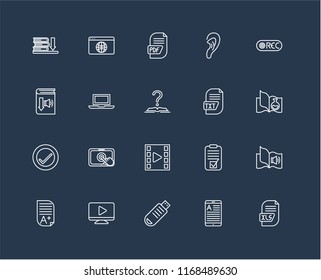 Set Of 20 black linear icons such as Xls, Ereader, Pendrive, Video player, Homework, Record, Txt, Verification, Laptop, Pdf, editable stroke vector icon pack