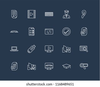 Set Of 20 black linear icons such as Search engine, Mortarboard, Ebook, Science book, Txt, Listening, Verification, Video player, Laptop, Test, Keyboard, editable stroke vector icon pack
