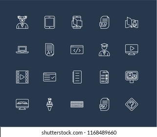 Set Of 20 black linear icons such as Question, Pdf, Keyboard, Lecture, Ebook, Science book, Student, Notes, Video player, Homework, editable stroke vector icon pack