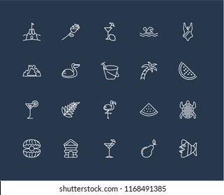 Set Of 20 black linear icons such as Fish, Pear, Cocktail, Cabin, Oyster, Swimsuit, Palm tree, Flamingo, Tropical drink, Pelican, Lemon juice, editable stroke vector icon pack