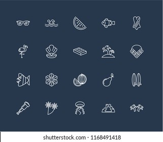 Set Of 20 black linear icons such as Palm tree, Cave, Jellyfish, Flower, Spyglass, Swimsuit, Island, Watermelon, Fish, Conch shell, editable stroke vector icon pack