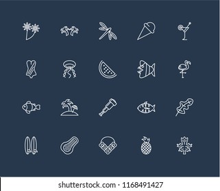 Set Of 20 black linear icons such as Leaf, Pineapple, Flower necklace, Papaya, Surfboard, Cocktail, Fish, Spyglass, Clown fish, Jellyfish, Dragon fly, editable stroke vector icon pack