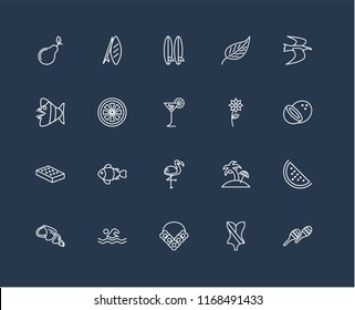 Set Of 20 black linear icons such as Maracas, Swimsuit, Flower necklace, Swimming, Conch shell, Albatross, Flower, Flamingo, Mattress, Grapefruit, Surfboard, editable stroke vector icon pack