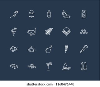 Set Of 20 black linear icons such as Surfboard, Sail, Tropical drink, Tortoise, Mattress, Oil, Flower necklace, Pear, Clown fish, Snorkel, editable stroke vector icon pack