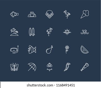 Set Of 20 black linear icons such as Spyglass, Toucan, Bikini, Sun umbrella, Butterfly, Ice cream, Sunset, Pear, Snorkel, Surfboard, Flower necklace, editable stroke vector icon pack