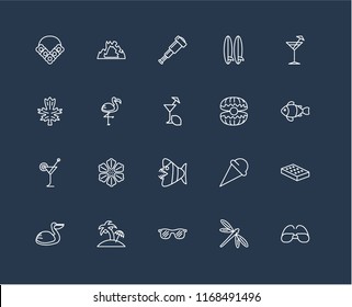 Set Of 20 black linear icons such as Sunglasses, Dragon fly, Island, Pelican, Cocktail, Oyster, Fish, Flamingo, Spyglass, editable stroke vector icon pack