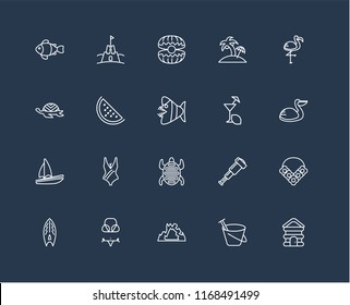 Set Of 20 black linear icons such as Cabin, Sand bucket, Cave, Bikini, Surfboard, Flamingo, Lemon juice, Tortoise, Sail, Watermelon, Oyster, editable stroke vector icon pack