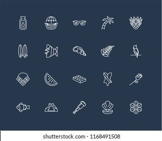 Set Of 20 black linear icons such as Hibiscus, Conch shell, Spyglass, Cave, Clown fish, Yucca, Leaf, Mattress, Flower necklace, Fish, Sunglasses, editable stroke vector icon pack