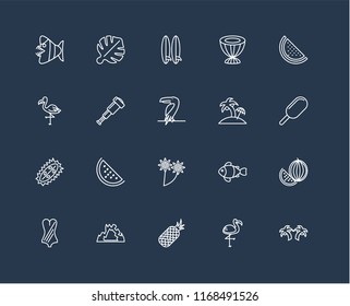 Set Of 20 black linear icons such as Palm tree, Flamingo, Pineapple, Cave, Swimsuit, Watermelon, Island, Flower, Durian, Spyglass, Surfboard, editable stroke vector icon pack