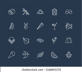 Set Of 20 black linear icons such as Leaf, Watermelon, Albatross, Ice cream, Sunglasses, Cocktail, Mattress, Flower necklace, Swimsuit, Cave, editable stroke vector icon pack