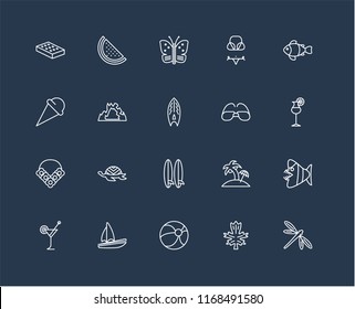 Set Of 20 black linear icons such as Dragon fly, Leaf, Beach ball, Sail, Cocktail, Clown fish, Sunglasses, Surfboard, Flower necklace, Cave, Butterfly, editable stroke vector icon pack