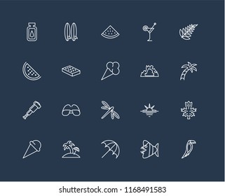 Set Of 20 black linear icons such as Toucan, Fish, Sun umbrella, Island, Ice cream, Leaf, Cave, Dragon fly, Spyglass, Mattress, Watermelon, editable stroke vector icon pack