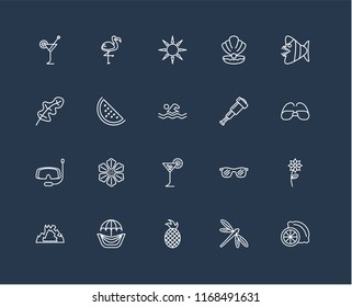 Set Of 20 black linear icons such as Lime, Dragon fly, Pineapple, Hammocks, Cave, Fish, Spyglass, Tropical drink, Snorkel, Watermelon, Sun, editable stroke vector icon pack