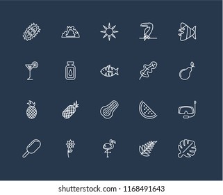 Set Of 20 black linear icons such as Leaf monstera, Leaf, Flamingo, Flower, Ice cream, Fish, Papaya, Pineapple, Oil, Sun, editable stroke vector icon pack