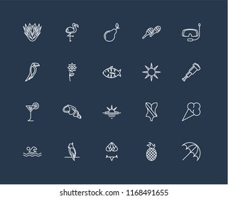Set Of 20 black linear icons such as Sun umbrella, Pineapple, Bikini, Parrot, Swimming, Snorkel, Sun, Sunset, Tropical drink, Flower, Pear, editable stroke vector icon pack