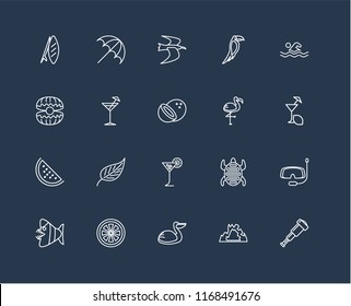 Set Of 20 black linear icons such as Spyglass, Cave, Pelican, Grapefruit, Fish, Swimming, Flamingo, Tropical drink, Watermelon, Cocktail, Albatross, editable stroke vector icon pack
