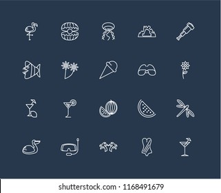 Set Of 20 black linear icons such as Cocktail, Swimsuit, Palm tree, Snorkel, Pelican, Spyglass, Sunglasses, Watermelon, Lemon juice, Flower, Jellyfish, editable stroke vector icon pack