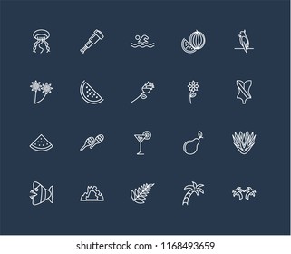 Set Of 20 black linear icons such as Palm tree, Leaf, Cave, Fish, Parrot, Flower, Tropical drink, Watermelon, Swimming, editable stroke vector icon pack