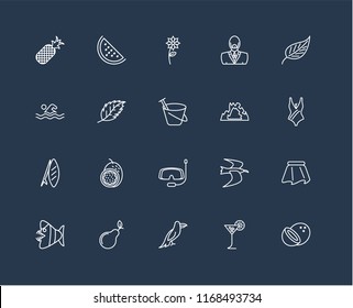 Set Of 20 black linear icons such as Coconut, Tropical drink, Parrot, Pear, Fish, Leaf, Cave, Snorkel, Surfboard, Flower, editable stroke vector icon pack