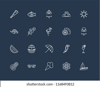 Set Of 20 black linear icons such as Sail, Hibiscus, Ice cream, Sunglasses, Papaya, Sun, Lime, Sun umbrella, Watermelon, Leaf, Bikini, editable stroke vector icon pack