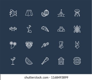 Set Of 20 black linear icons such as Oyster, Cabin, Spyglass, Watermelon, Cocktail, Jellyfish, Cave, Maracas, Flower, Lemon juice, editable stroke vector icon pack