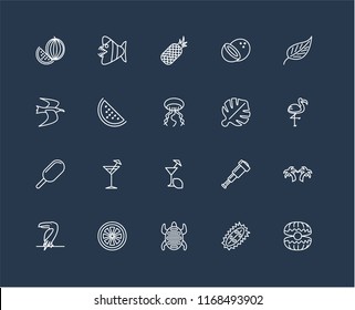 Set Of 20 black linear icons such as Oyster, Durian, Tortoise, Grapefruit, Toucan, Leaf, Leaf monstera, Lemon juice, Ice cream, Watermelon, Pineapple, editable stroke vector icon pack