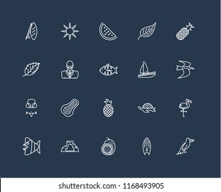Set Of 20 black linear icons such as Parrot, Surfboard, Passion fruit, Cave, Fish, Pineapple, Sail, Bikini, Man, Watermelon, editable stroke vector icon pack