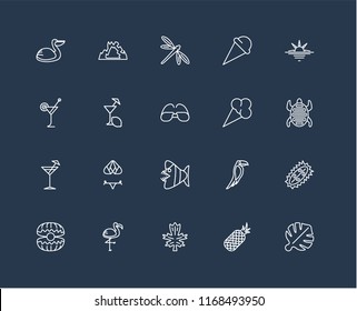 Set Of 20 black linear icons such as Leaf monstera, Pineapple, Leaf, Flamingo, Oyster, Sunset, Ice cream, Fish, Cocktail, Lemon juice, Dragon fly, editable stroke vector icon pack