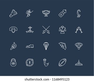 Set Of 20 black linear icons such as Camping, Rugby ball, Singing, Compass, Workout, Yoga, Martial art, Parachuting, Table tennis, Jumping, Cup, editable stroke vector icon pack