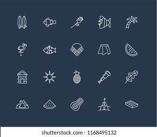 Set Of 20 black linear icons such as Mattress, Sand castle, Papaya, Watermelon, Cave, Palm tree, Skirt, Pineapple, Cabin, Fish, Flower, editable stroke vector icon pack