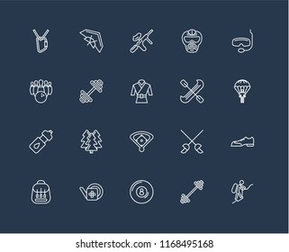 Set Of 20 black linear icons such as Mountaineering, Workout, Billiard, Gardening, Backpack, Snorkel, Canoe, Baseball field, Water bottle, Dumbbell, Paintball, editable stroke vector icon pack
