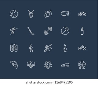 Set Of 20 black linear icons such as Archery, Shoes, Forest, Heart rate, Hang glider, Biking, Travelling, Paintball, Vitamin, Hockey stick, Bowling, editable stroke vector icon pack