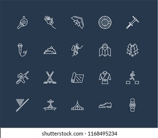 Set Of 20 black linear icons such as Smartwatch, Shoes, Camping, Jumping, Billiard, Pogo stick, Map, Yoga mat, Paintball, Mountain, Hang glider, editable stroke vector icon pack