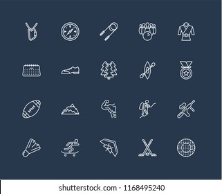 Set Of 20 black linear icons such as Zorbing, Hockey, Hang glider, Skateboarding, Badminton, Martial art, Kayak, Gym, Rugby ball, Shoes, Jump rope, editable stroke vector icon pack