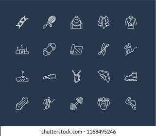 Set Of 20 black linear icons such as Gym, Bowling, Dumbbell, Mountaineering, Skate, Martial art, Kayak, Climbing, Golf, Skateboard, Backpack, editable stroke vector icon pack