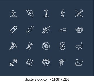 Set Of 20 black linear icons such as Yoga mat, Mountaineering, Bowling, Martial art, Dumbbell, Canoe, Shoes, Billiard, Party, Surfboard, Warming up, editable stroke vector icon pack