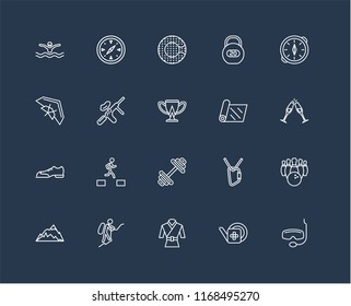 Set Of 20 black linear icons such as Snorkel, Gardening, Martial art, Mountaineering, Mountain, Compass, Yoga mat, Dumbbell, Shoes, Paintball, Zorbing, editable stroke vector icon pack
