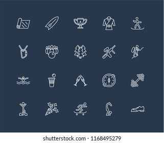 Set Of 20 black linear icons such as Shoes, Yoga, Skateboarding, Party, Warming up, Snowboarding, Paintball, Hang out, Swimming, Bowling, Cup, editable stroke vector icon pack