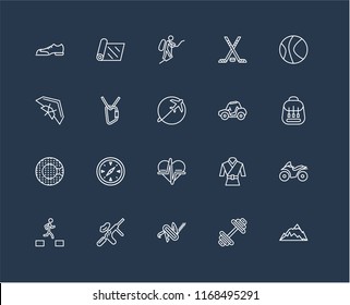 Set Of 20 black linear icons such as Mountain, Dumbbell, Multitool, Paintball, Parkour, Basketball, Buggy, Heart rate, Zorbing, Climbing, Mountaineering, editable stroke vector icon pack