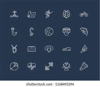 Set Of 20 black linear icons such as Badminton, Martial art, Dumbbell, Heart rate, Travelling, Bmx, Bowling, Basketball, Climbing, Yoga, Mountaineering, editable stroke vector icon pack