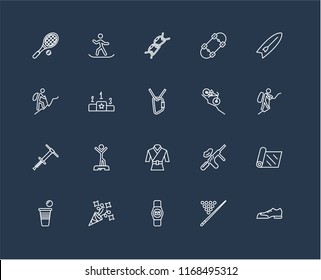 Set Of 20 black linear icons such as Shoes, Billiard, Smartwatch, Party, Beer pong, Surfboard, Downhill, Martial art, Pogo stick, Pedestal, Climb, editable stroke vector icon pack