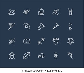 Set Of 20 black linear icons such as Downhill, Smartwatch, Buggy, Rugby ball, Map, Climbing, Pogo stick, Dumbbell, Paintball, Hang glider, Backpack, editable stroke vector icon pack