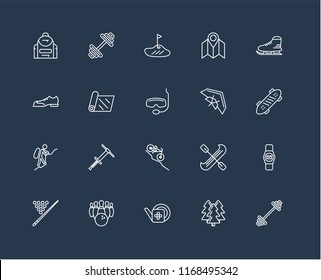Set Of 20 black linear icons such as Workout, Forest, Gardening, Bowling, Billiard, Ice skating, Hang glider, Downhill, Mountaineering, Yoga mat, Golf, editable stroke vector icon pack