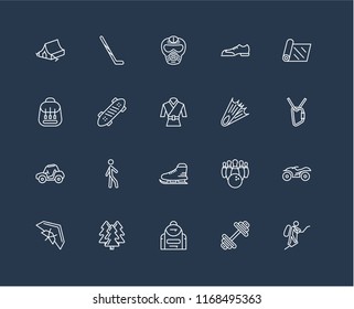 Set Of 20 black linear icons such as Mountaineering, Dumbbell, Backpack, Forest, Hang glider, Yoga mat, Diving, Ice skating, Buggy, Skate, Paintball, editable stroke vector icon pack