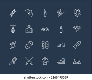 Set Of 20 black linear icons such as Pedestal, Ice skating, Martial art, Fencing, Tennis racket, Forest, Boxing, Vitamin, Bowling, Backpack, Fishing, editable stroke vector icon pack