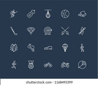 Set Of 20 black linear icons such as Travelling, Motorcycle, Bmx, Medal, Jogging, Camping tent, Fencing, Shoes, Forest, Baseball field, Punching bag, editable stroke vector icon pack
