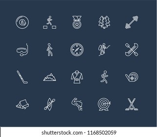 Set Of 20 black linear icons such as Hockey, Archery, Gym, Kayak, Camping tent, Workout, Mountaineering, Martial art, Hockey stick, Walking, Medal, editable stroke vector icon pack