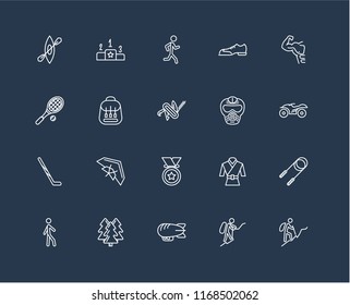 Set Of 20 black linear icons such as Hiking, Mountaineering, Airship, Forest, Walking, Gym, Paintball, Medal, Hockey stick, Backpack, Jogging, editable stroke vector icon pack